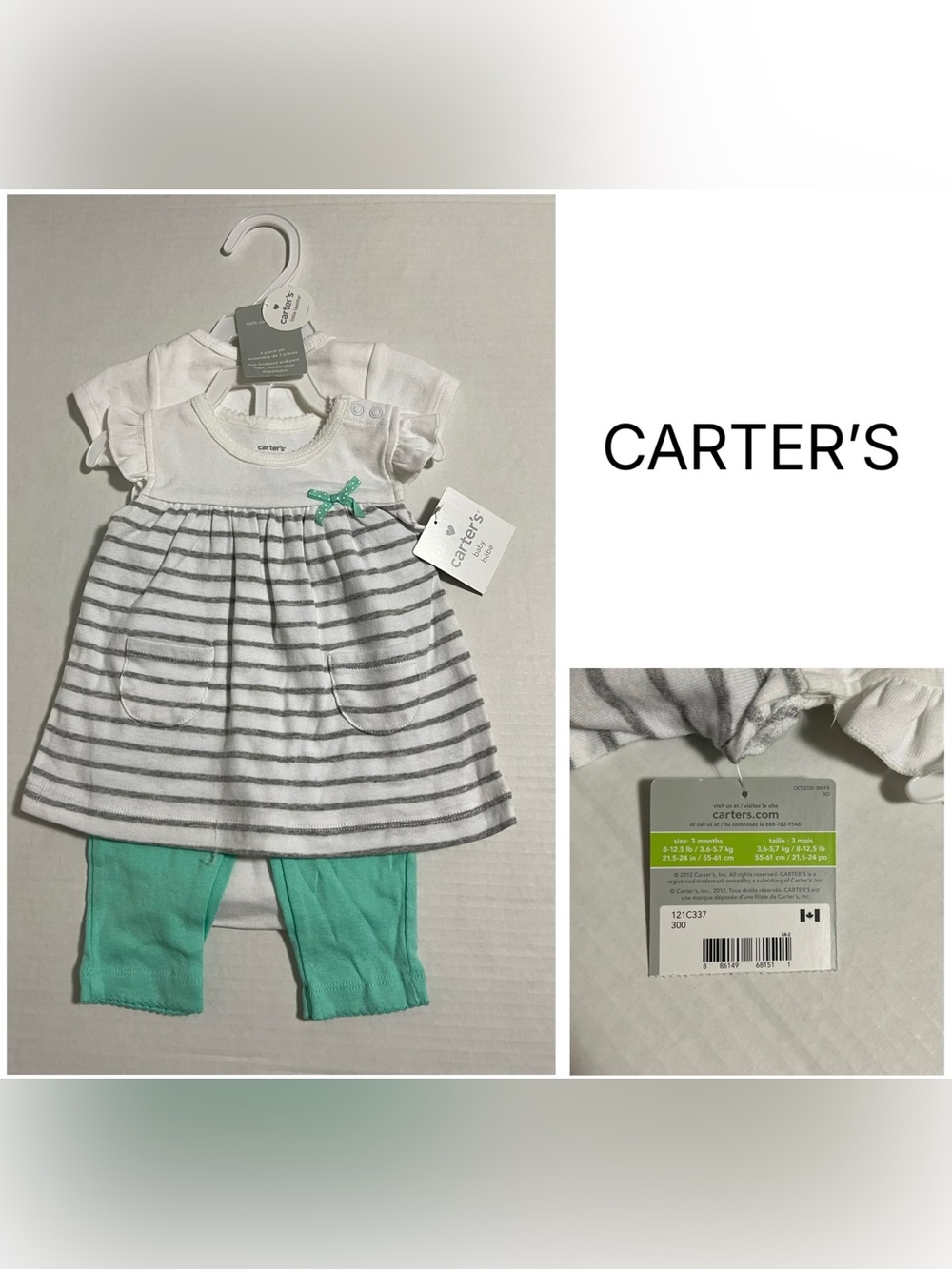 CARTER’S - 3M - NWT - INFANT GIRLS 3PC TEAL BLUE / GREY TUNIC SET